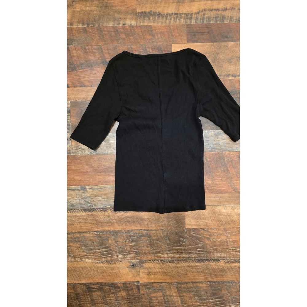 Quince Organic Cotton Black Ribbed Scoop Neck Elbow Sleeve Top Sz Sm Minimalist - Picture 2 of 4